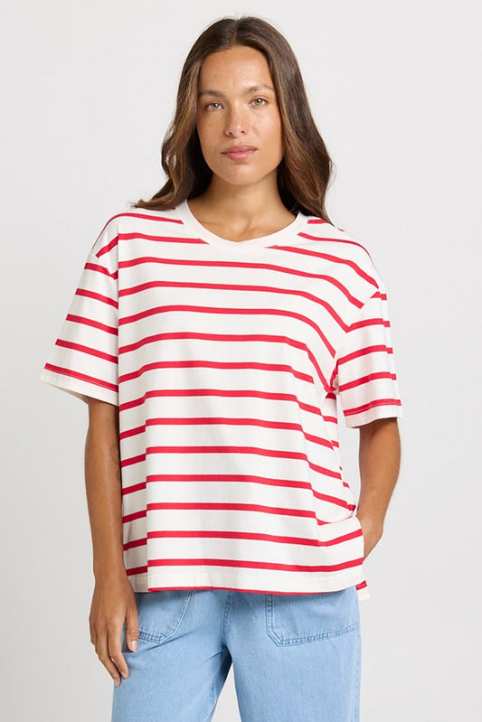 Image of T-Shirts. Product name - Relax Boxy Tee in Red/White Stripe colour by brand - Betty Basics