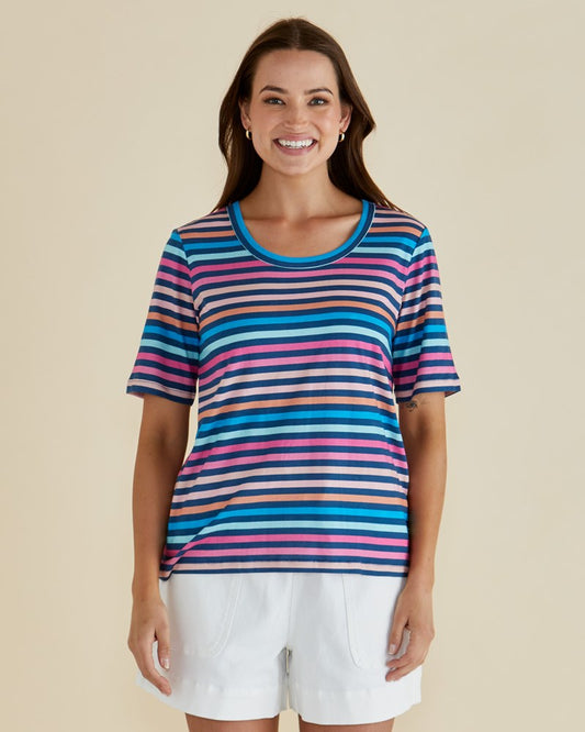 Image of a model wearing Tops. Productname: Betty Basics Riley Tee Multi Stripe in Multi Stripe colour by brand - Betty Basics