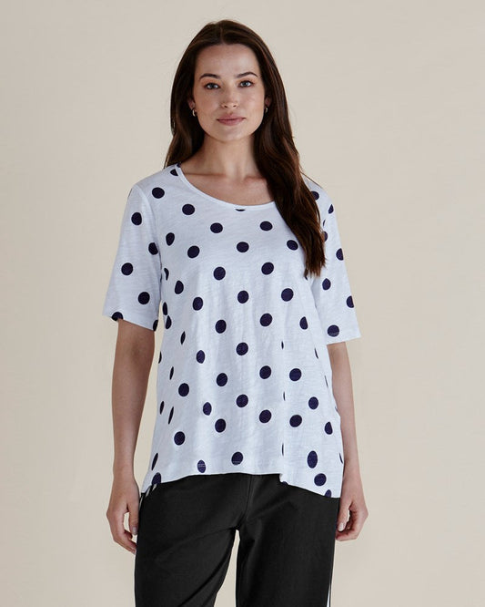 Image of a model wearing Tops. Productname: Betty Basics Riley Tee Navy Polkadot in Navy Polkadot colour by brand - Betty Basics