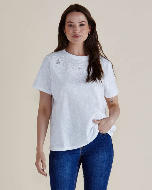 Image of a model wearing Tops. Productname: Betty Basics Arabella Lace Tee White in White colour by brand - Betty Basics