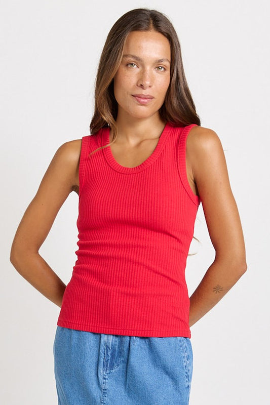 Image of a model wearing Tops. Product name - Francis Rib Tank Red in Red colour by brand - Betty Basics