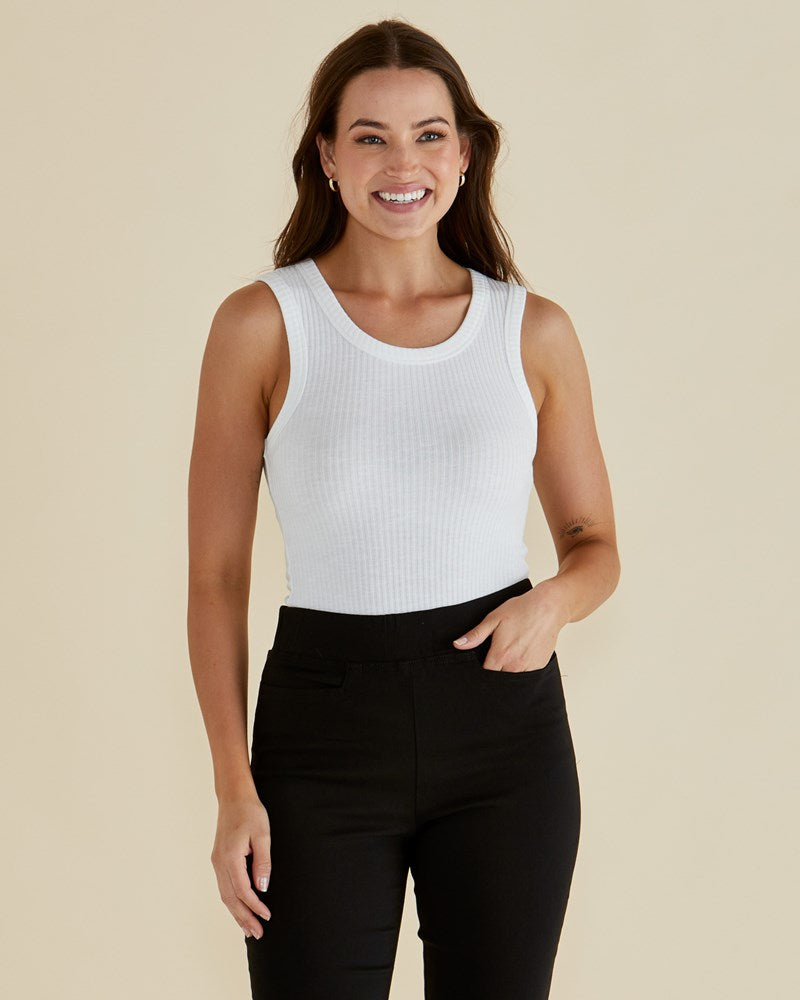 Image of a model wearing Tops. Productname: Betty Basics Francis Rib Tank White in White colour by brand - Betty Basics