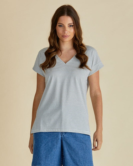 Image of a model wearing Tops. Productname: Betty Basics Tracy V-Neck Tee Black/White Stripe in Black/White Stripe colour by brand - Betty Basics