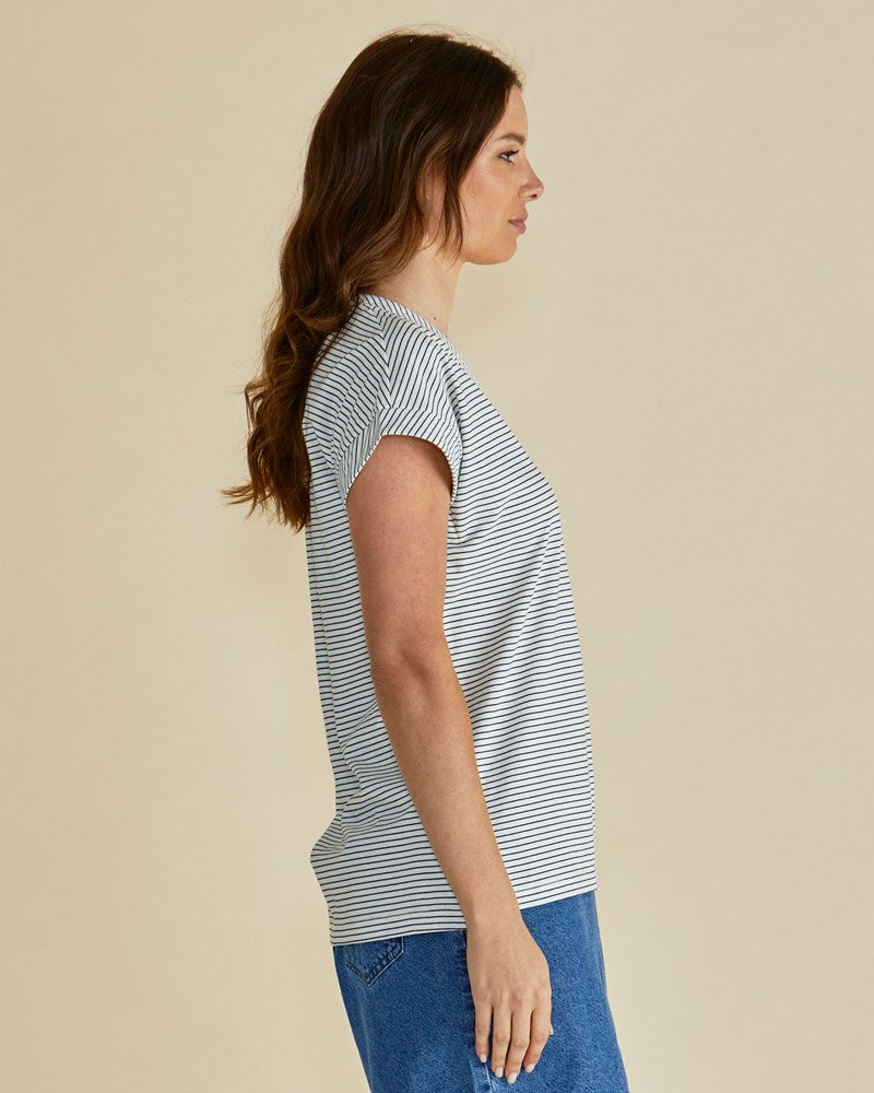 Betty Basics Tracy V-Neck Tee (Black/White Stripe)