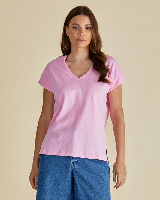 Image of a model wearing Tops. Productname: Betty Basics Tracy V-Neck Tee Pink in Pink colour by brand - Betty Basics