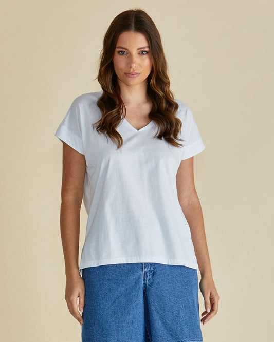 Image of a model wearing Tops. Productname: Betty Basics Tracy V-Neck Tee White in White colour by brand - Betty Basics