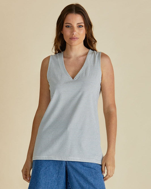 Image of a model wearing Tops. Productname: Betty Basics Trinity V-Neck Tank Black/White Stripe in Black/White Stripe colour by brand - Betty Basics