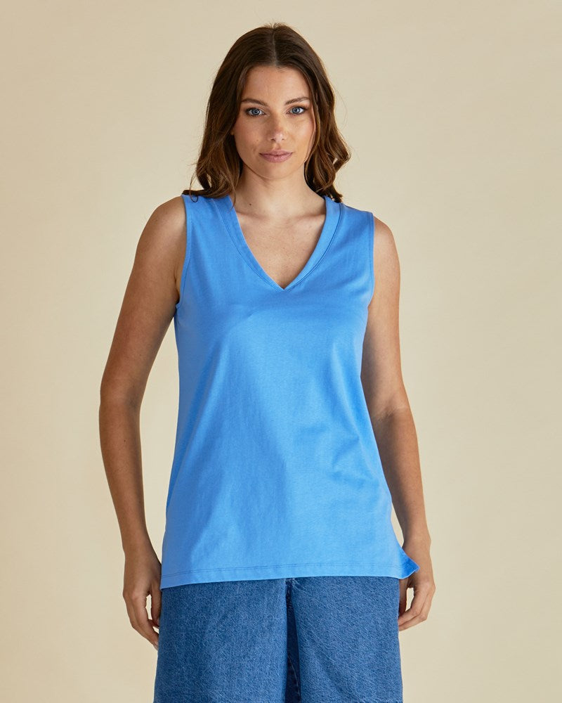 Image of a model wearing Tops. Productname: Betty Basics Trinity V-Neck Tank Powder Blue in Powder Blue colour by brand - Betty Basics