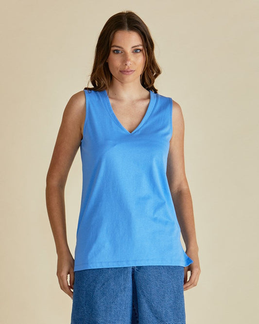 Image of a model wearing Tops. Productname: Betty Basics Trinity V-Neck Tank Powder Blue in Powder Blue colour by brand - Betty Basics