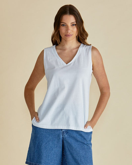 Image of a model wearing Tops. Productname: Betty Basics Trinity V-Neck Tank White in White colour by brand - Betty Basics