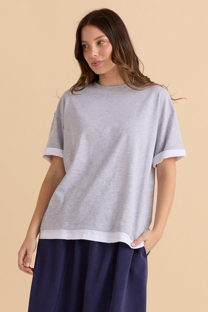 Image of a model wearing Tops. Productname: Betty Basics Boyfriend Tee Grey Marle in Grey Marle colour by brand - Betty Basics