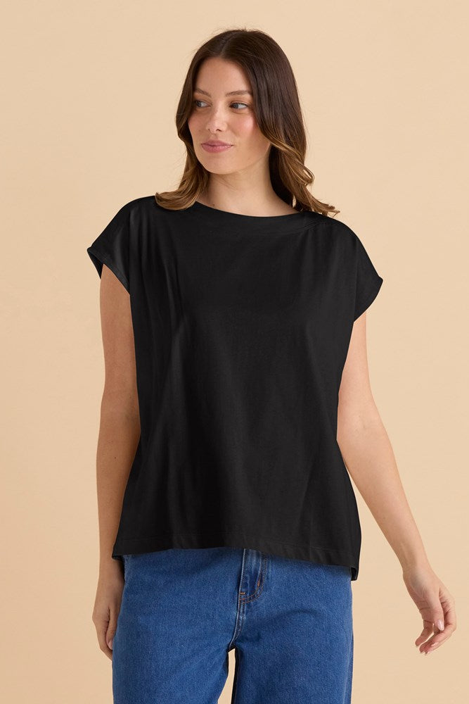 Image of a model wearing Tops. Productname: Betty Basics Beth Boatneck Tee Black in Black colour by brand - Betty Basics