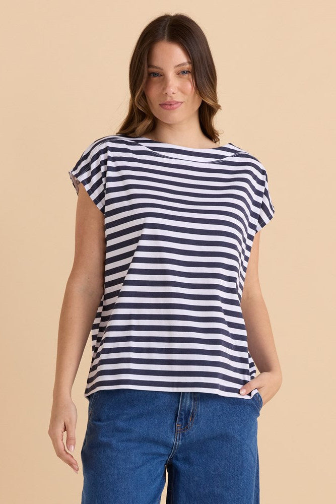 Image of a model wearing Tops. Productname: Betty Basics Beth Boatneck Tee Navy Stripe in Navy Stripe colour by brand - Betty Basics