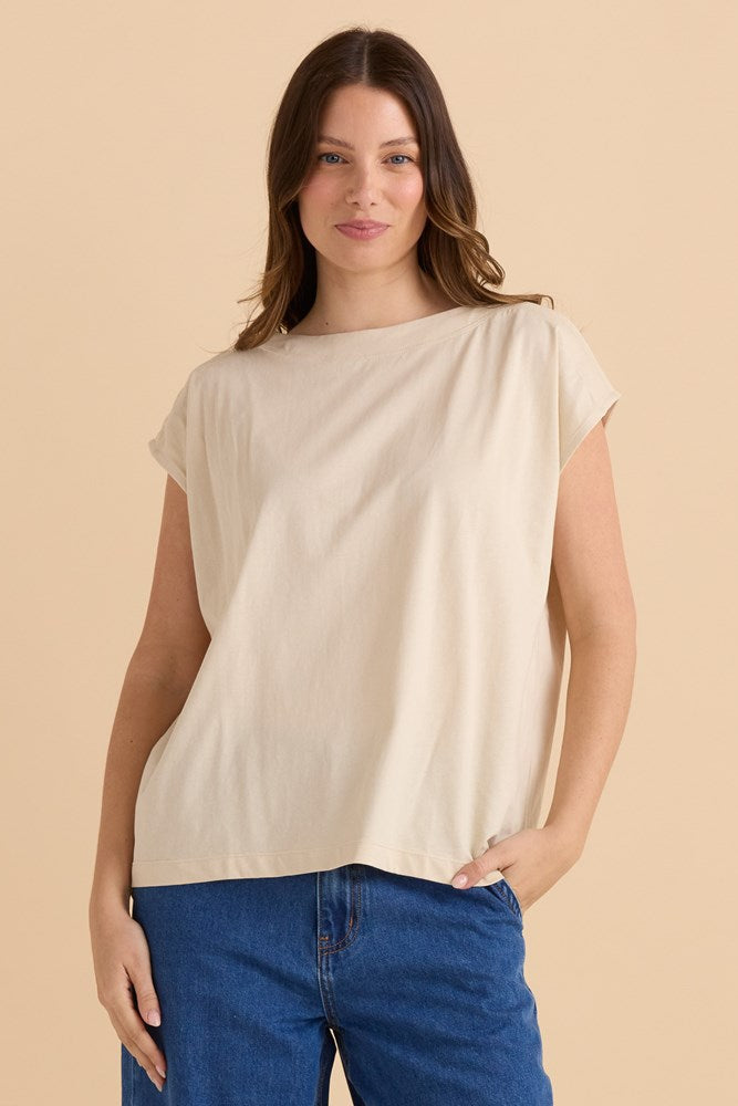 Image of a model wearing Tops. Productname: Betty Basics Beth Boatneck Tee Pebble in Pebble colour by brand - Betty Basics