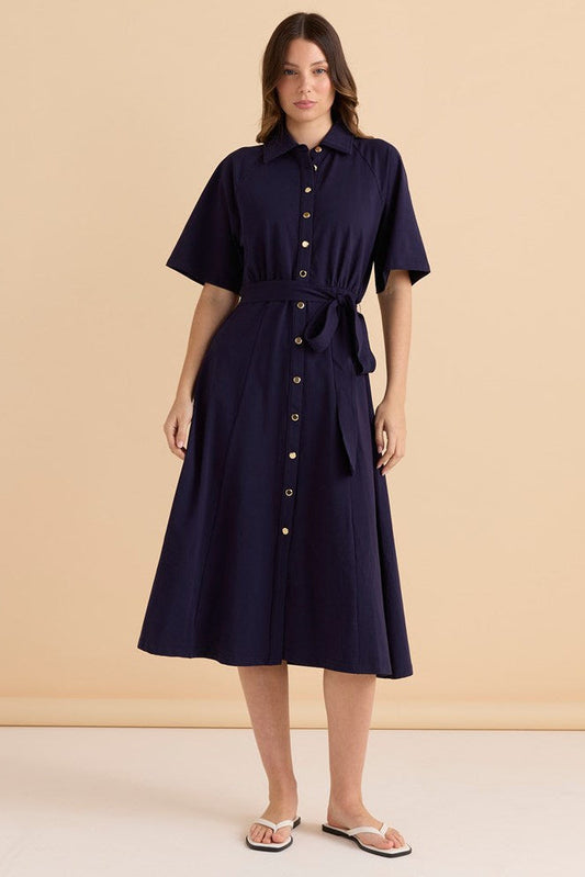 Image of a model wearing Tops. Productname: Betty Basics Rosalie Jersey Shirt Dress Navy in Navy colour by brand - Betty Basics