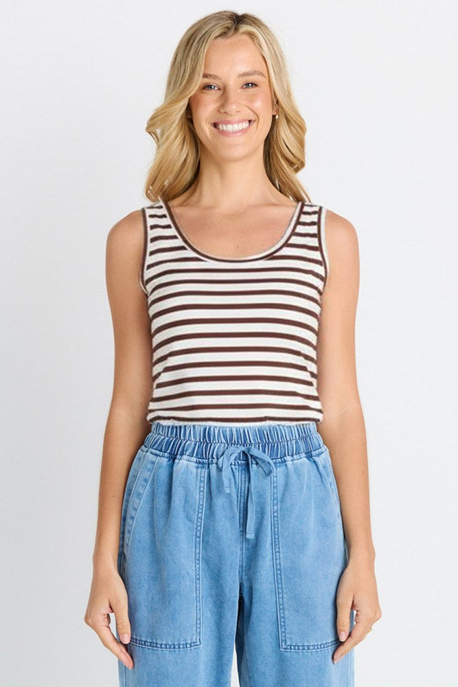 Image of a model wearing Tops. Product name - Emma Scoop Tank in Choc/White Stripe colour by brand - Betty Basics