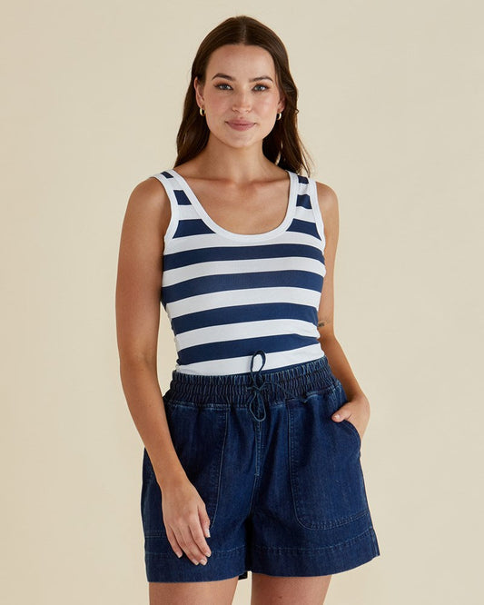 Image of a model wearing Tops. Productname: Betty Basics Emma Scoop Tank Navy Bold Stripe in Navy Bold Stripe colour by brand - Betty Basics