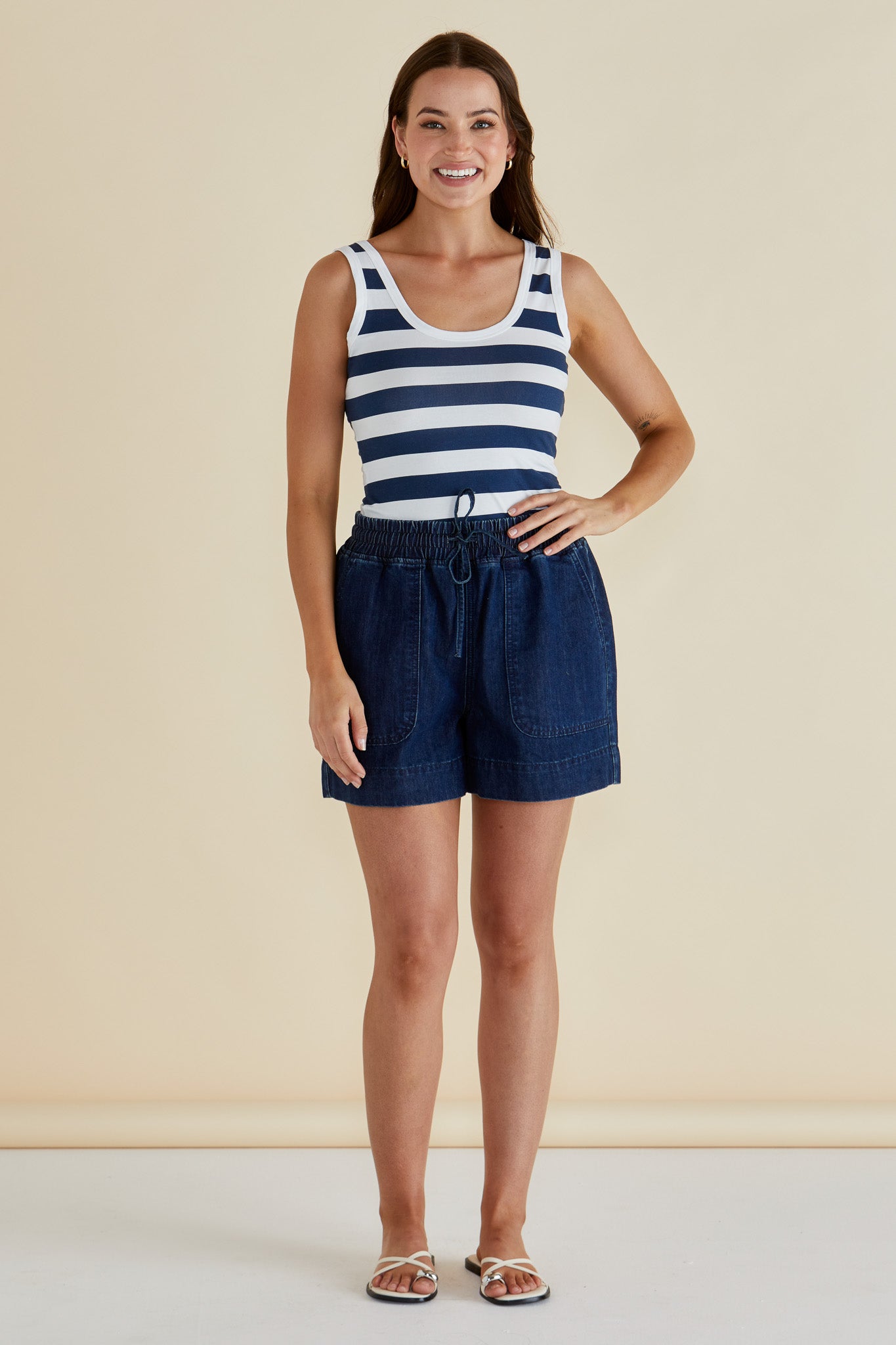 Betty Basics Emma Scoop Tank (Navy Bold Stripe)