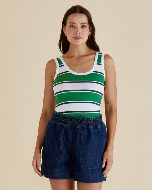 Image of a model wearing Tops. Productname: Betty Basics Emma Scoop Tank Navy/Green Stripe in Navy/Green Stripe colour by brand - Betty Basics