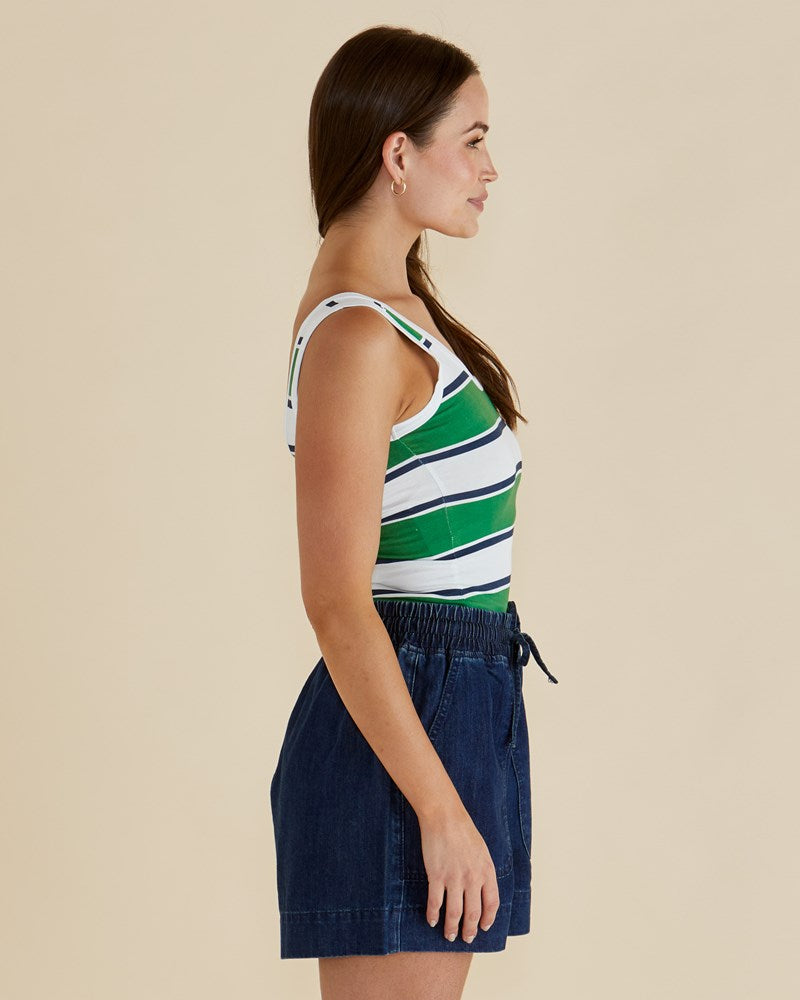 Betty Basics Emma Scoop Tank (Navy/Green Stripe)