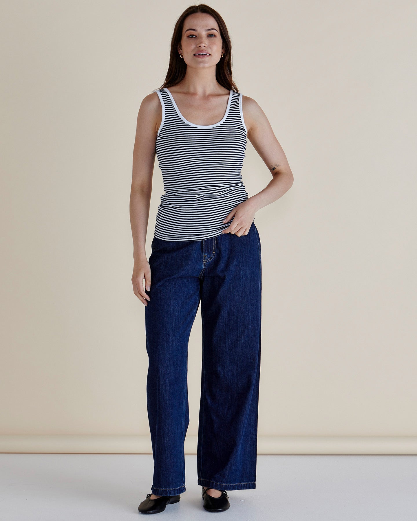 Image of a model wearing Tops. Productname: Betty Basics Emma Scoop Tank Navy Stripe in Navy Stripe colour by brand - Betty Basics