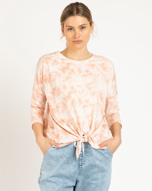 Image of a model wearing Tops. Productname: Betty Basics Ivy Knot Top Malibu Marble in Malibu Marble colour by brand - Betty Basics