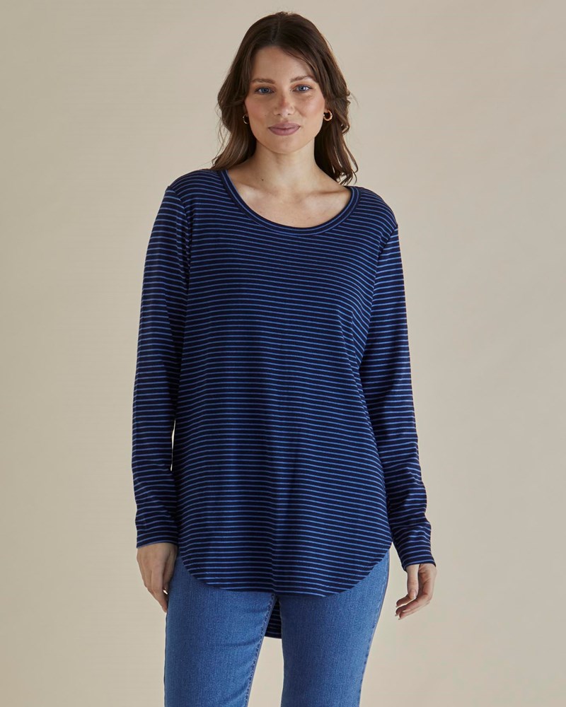 Image of a model wearing Tops. Productname: Betty Basics Megan Long Sleeve Top Blue Stripe in Blue Stripe colour by brand - Betty Basics