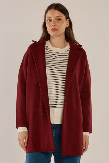 Image of a model wearing Outerwear. Productname: Betty Basics Bristol Coatigan Burgundy in Burgandy colour by brand - Betty Basics
