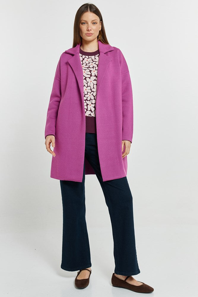 Image of a model wearing Outerwear. Product name - Bristol Coatigan Mulberry in Mulberry colour by brand - Betty Basics