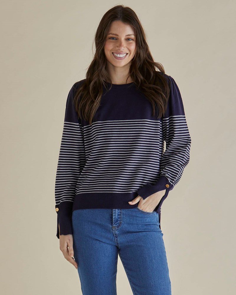 Image of a model wearing Outerwear. Productname: Betty Basics Colette Sweater Dark Blue & Cream Stripe in Dark Blue & Cream Stripe colour by brand - Betty Basics