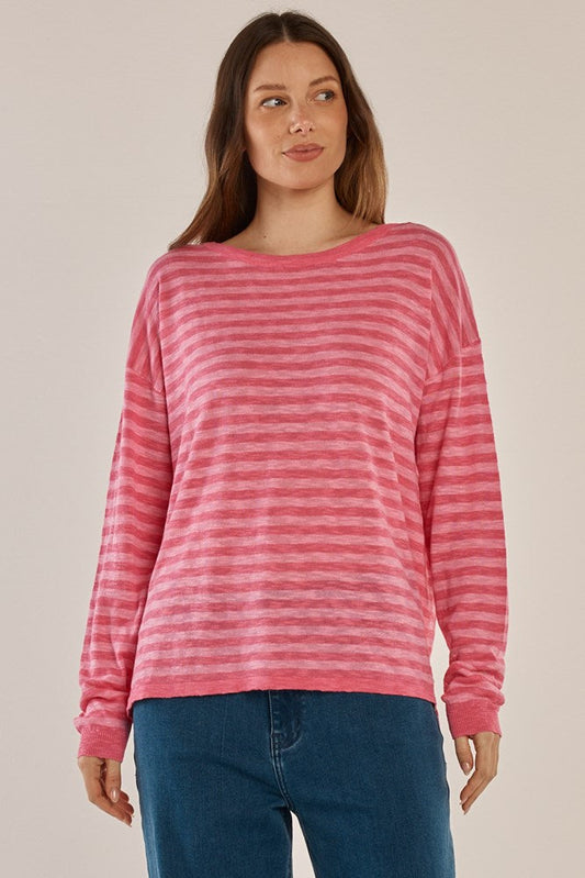 Image of a model wearing Tops. Productname: Betty Basics Natasha Knit Top Blush Stripe in Blush Stripe colour by brand - Betty Basics
