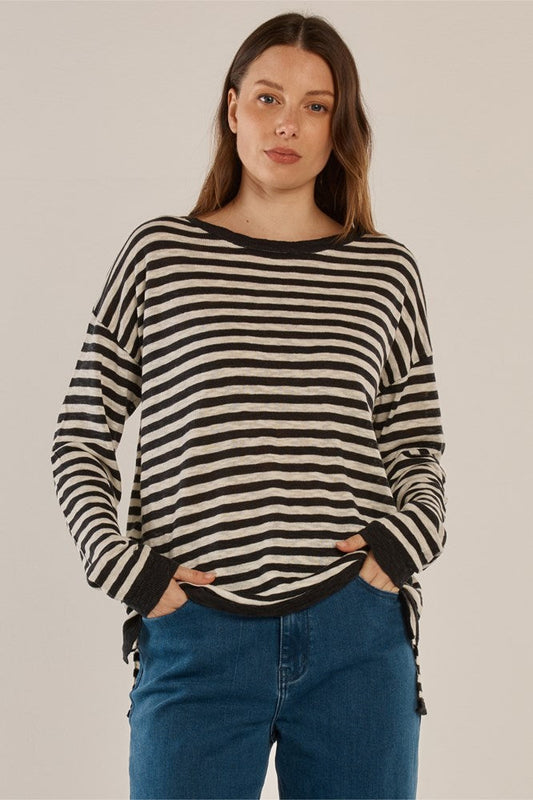 Image of a model wearing Tops. Product name - Natasha Knit Top Black/Off-White Stripe in Black/Off-White Stripe colour by brand - Betty Basics