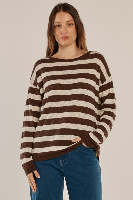 Image of a model wearing Tops. Product name - Natasha Knit Top Brown Stripe in Brown Stripe colour by brand - Betty Basics