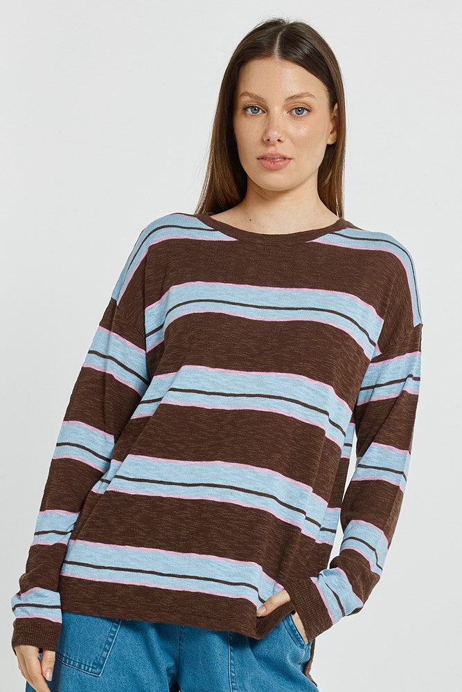 Image of a model wearing Tops. Product name - Natasha Knit Top Chocolate/Blue/Pink Stripe in Chocolate/Blue/Pink Stripe colour by brand - Betty Basics