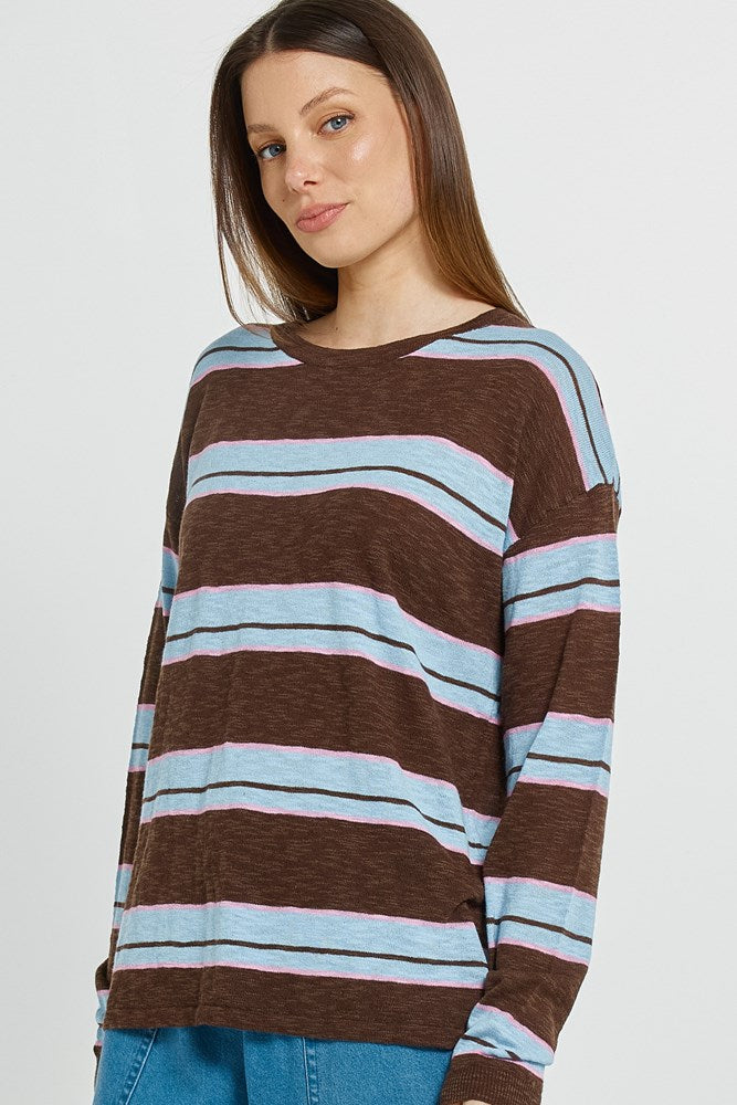 Betty Basics Natasha Knit Top (Chocolate/Blue/Pink Stripe)