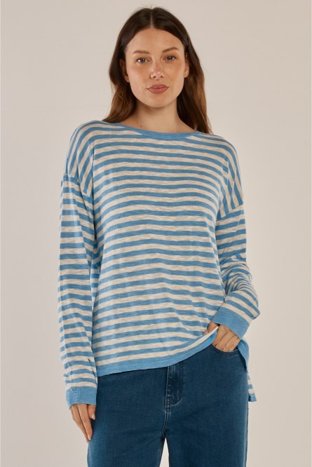 Image of a model wearing Tops. Product name - Natasha Knit Top Cornflower Blue Stripe in Cornflower Blue Stripe colour by brand - Betty Basics