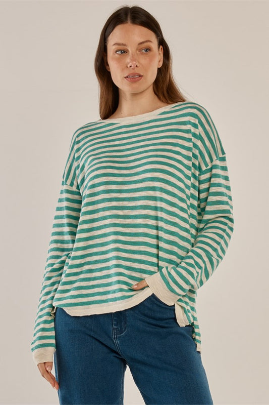 Image of a model wearing Tops. Productname: Betty Basics Natasha Knit Top Lime Stripe in Lime Stripe colour by brand - Betty Basics