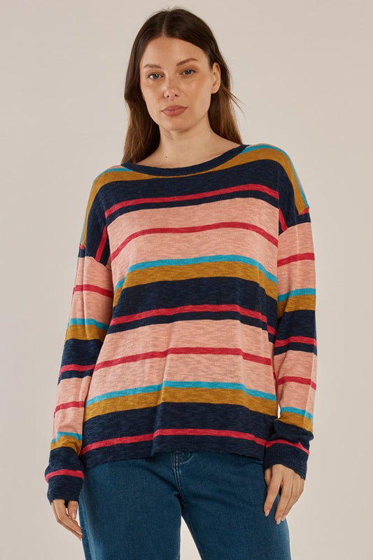 Image of a model wearing Tops. Product name - Natasha Knit Top Multi Stripe in Multi Stripe colour by brand - Betty Basics