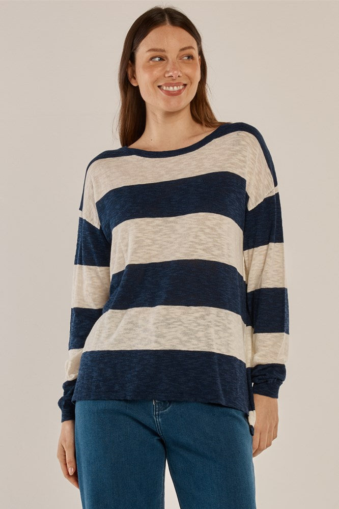 Image of a model wearing Tops. Product name - Natasha Knit Top Ocean Stripe in Ocean Stripe colour by brand - Betty Basics