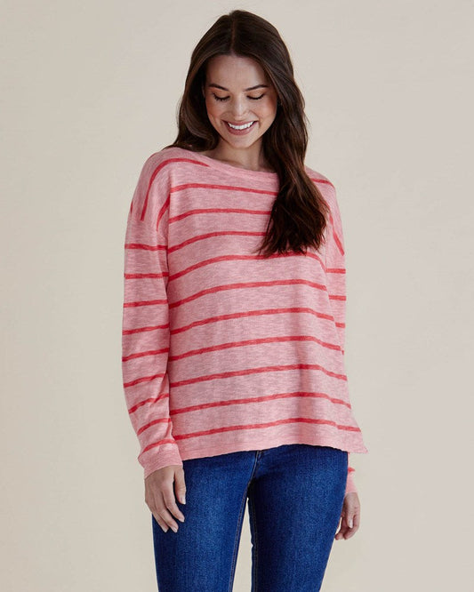 Image of a model wearing Tops. Productname: Betty Basics Natasha Knit Top Pink Stripe in Pink Stripe colour by brand - Betty Basics