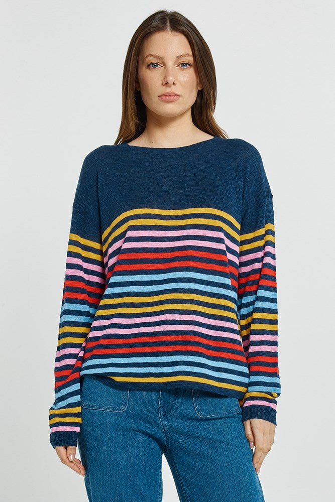 Image of a model wearing Tops. Product name - Natasha Knit Top Rainbow Stripe in Rainbow Stripe colour by brand - Betty Basics