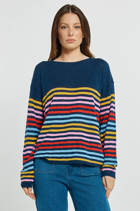 Image of a model wearing Tops. Product name - Natasha Knit Top Rainbow Stripe in Rainbow Stripe colour by brand - Betty Basics