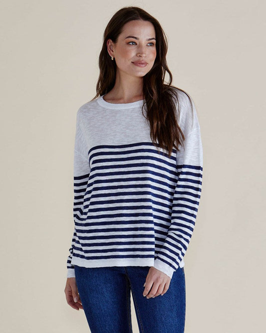 Image of a model wearing Tops. Productname: Betty Basics Natasha Knit Top White/Navy Stripe in White/Navy Stripe colour by brand - Betty Basics