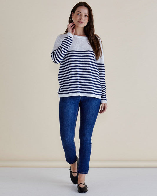 Betty Basics Natasha Knit Top (White/Navy Stripe)