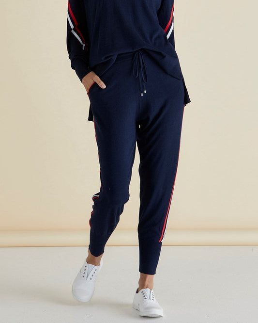 Image of a model wearing Pants. Productname: Betty Basics Aida Knit Pant Navy in Navy colour by brand - Betty Basics