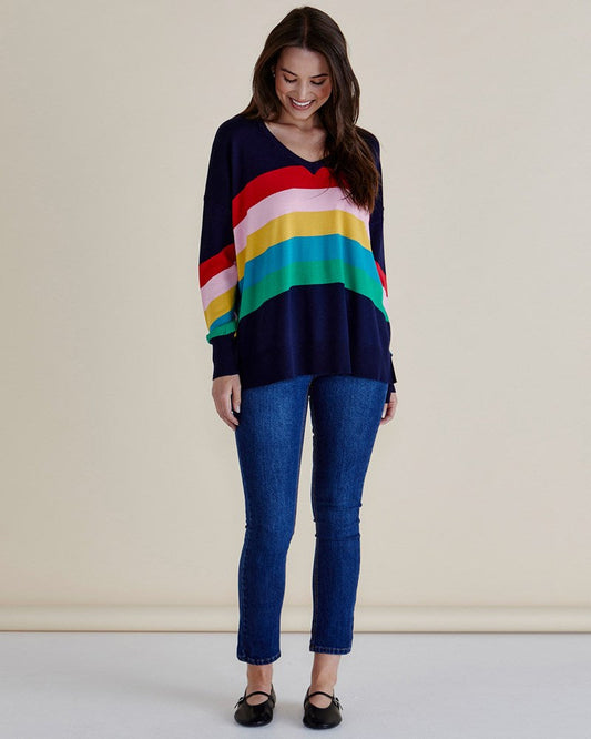 Image of a model wearing Outerwear. Productname: Betty Basics Mimi Sweater Rainbow in Rainbow colour by brand - Betty Basics