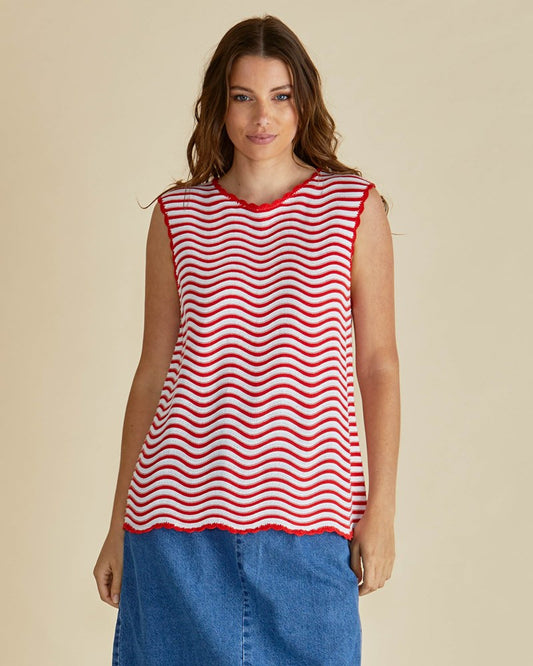 Image of a model wearing Tops. Productname: Betty Basics Aviva Tank Red/White Stripe in Red/White Stripe colour by brand - Betty Basics