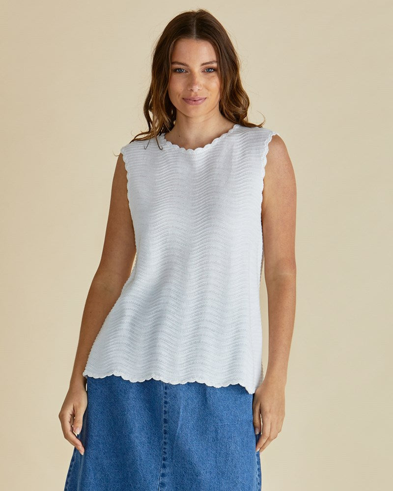 Image of a model wearing Tops. Productname: Betty Basics Aviva Tank White Stripe in White Stripe colour by brand - Betty Basics