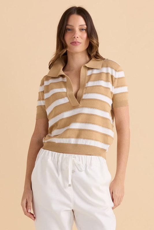 Image of a model wearing Tops. Productname: Betty Basics Salford Knit Polo Beige/White in Beige/White colour by brand - Betty Basics