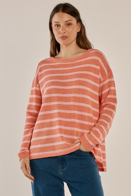 Image of a model wearing Tops. Product name - Bradford Knit Top Coral/Pink Stripe in Coral/Pink Stripe colour by brand - Betty Basics
